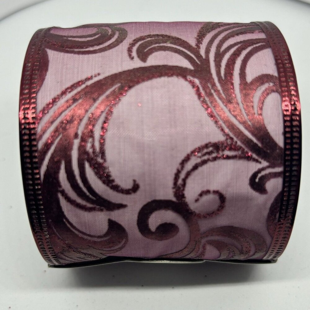 New 2.5" x 25' Sheer Wired Ribbon Maroon Wine Burgundy With Metallic Pattern